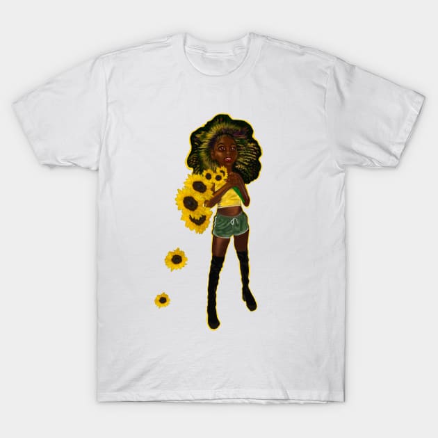 Anime Afro anime sunflower wielding warrior princess - beautiful girl with Afro hair, brown eyes and dark brown skin T-Shirt by Artonmytee